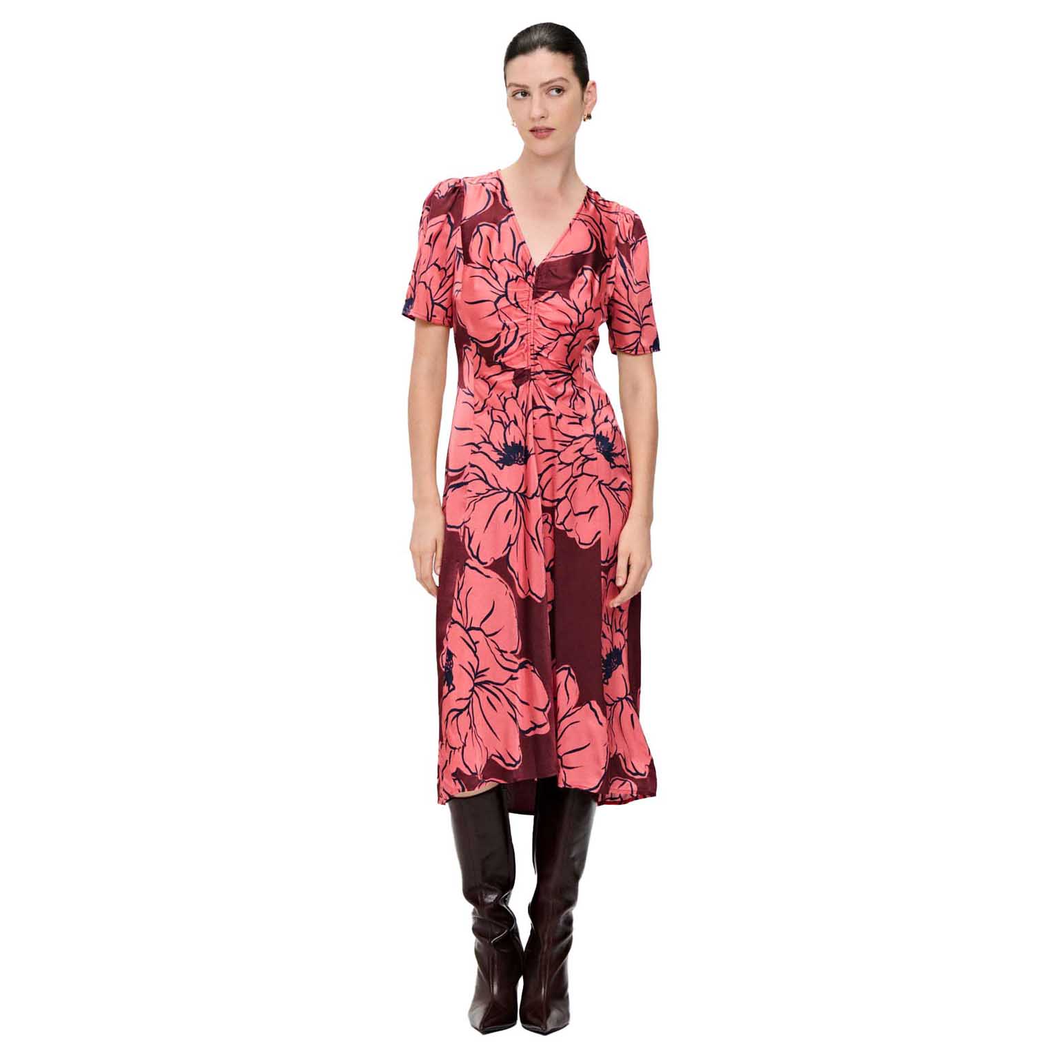 Veronika Maine Coral Peony Satin V Neck Midi Dress